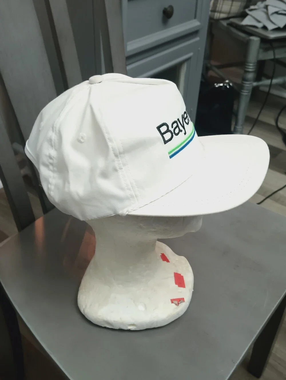 Men's Vintage Bayer Made In USA White Logo Cap - White with Blue & Green Stripe